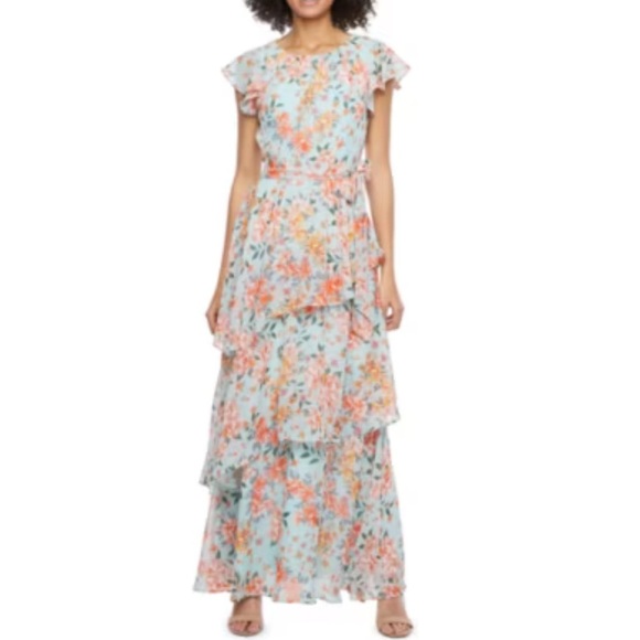 R&K Blue Coral Tiered Ruffle Flutter Sleeve Tie Waist Maxi Dress NEW Feminine - Picture 1 of 14